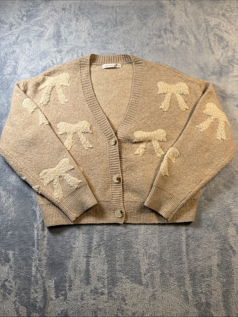 Altar'd State Beige Bow-Pattern V-Neck Cardigan
